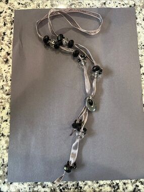 Black and Gray Beaded Ribbon Lariat Necklace